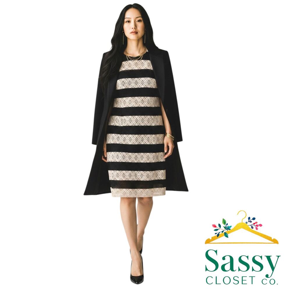 Maggy London Black Cream Lace Shift Dress 14 Striped Cap Sleeve Gold Zip